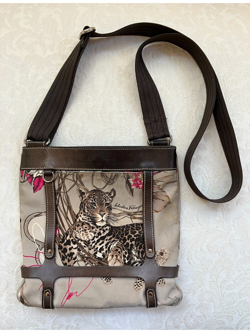 Salvatore Ferragamo Crossbody Bag Leopard Print Nylon and Leather FLAWS